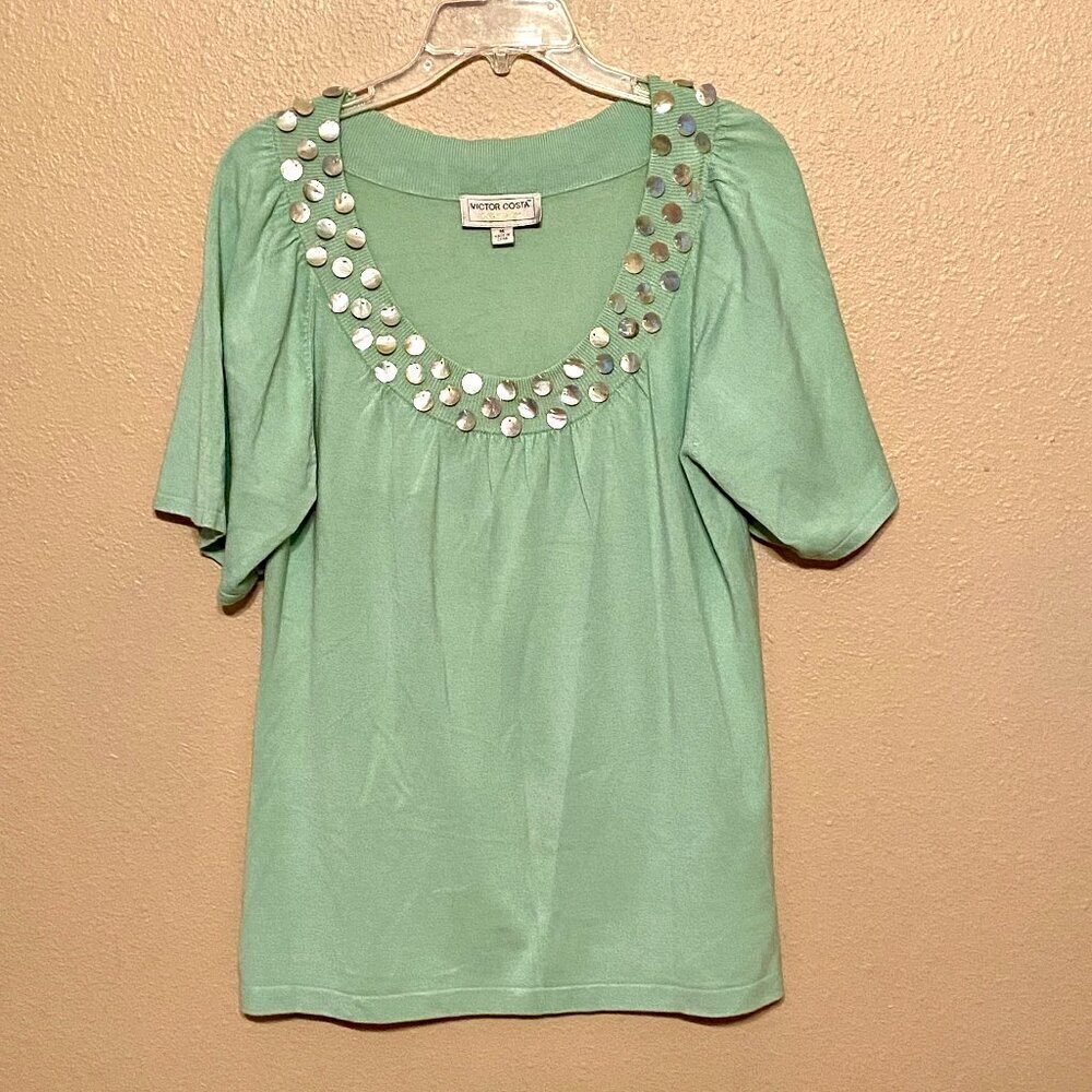 Victor Costa Occasion Green Shell Embellished Short Sleeve Top Women's Size (M)